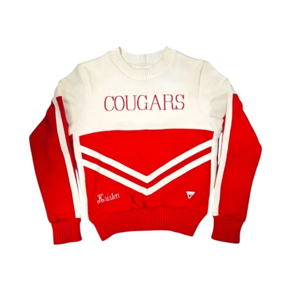 Vintage Varsity Cheerleader Sweater Red White Chevron Stripe Cougars Size S 80s - Picture 5 of 10